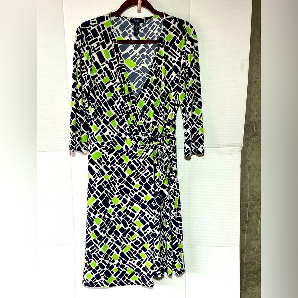 CHAPS WOMEN’S WRAP DRESS SIDE TIE MIDI LENGTH 3/4 SLEEVES BLUE/LIME GREEN‎ SZ L